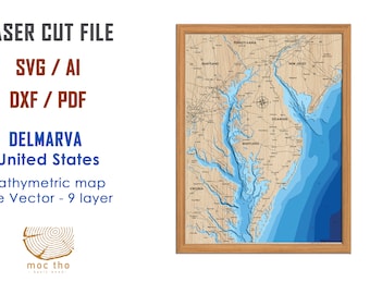 Digital File PDF, SVG - Delmarva Peninsula map, Bathymetric Depth Layers SVG File, Layered Vector, Laser Cut File, wedding gift,