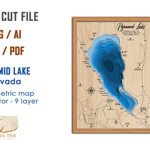 Digitaal bestand PDF, SVG - Pyramid Lake Nevada kaart, Bathymetrische diepte lagen SVG-bestand, gelaagde vector, laser gesneden bestand, huwelijkscadeau