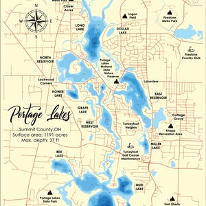 Digitale Datei PDF, SVG - Portage Lakes Ohio Karte, Bathymetrische Tiefe Schichten SVG-Datei, Geschichtete Vektor, Laser geschnitten Datei, Hochzeitsgeschenk