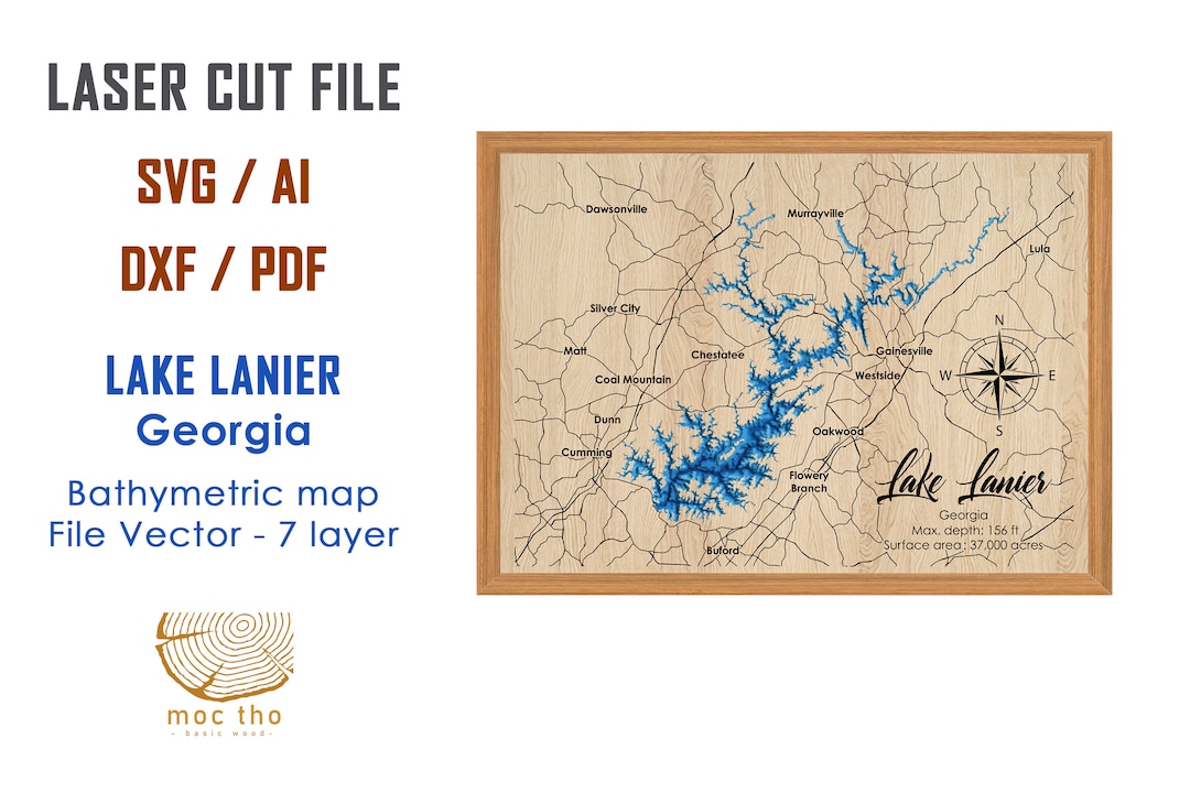 Digital File PDF, SVG Lake Lanier Map Bathymetric Depth Layers