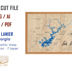 Digital File PDF, SVG - Lake Lanier Georgia Map Bathymetric Depth Layers SVG File, Layered Vector, Laser Cut File, wedding gift