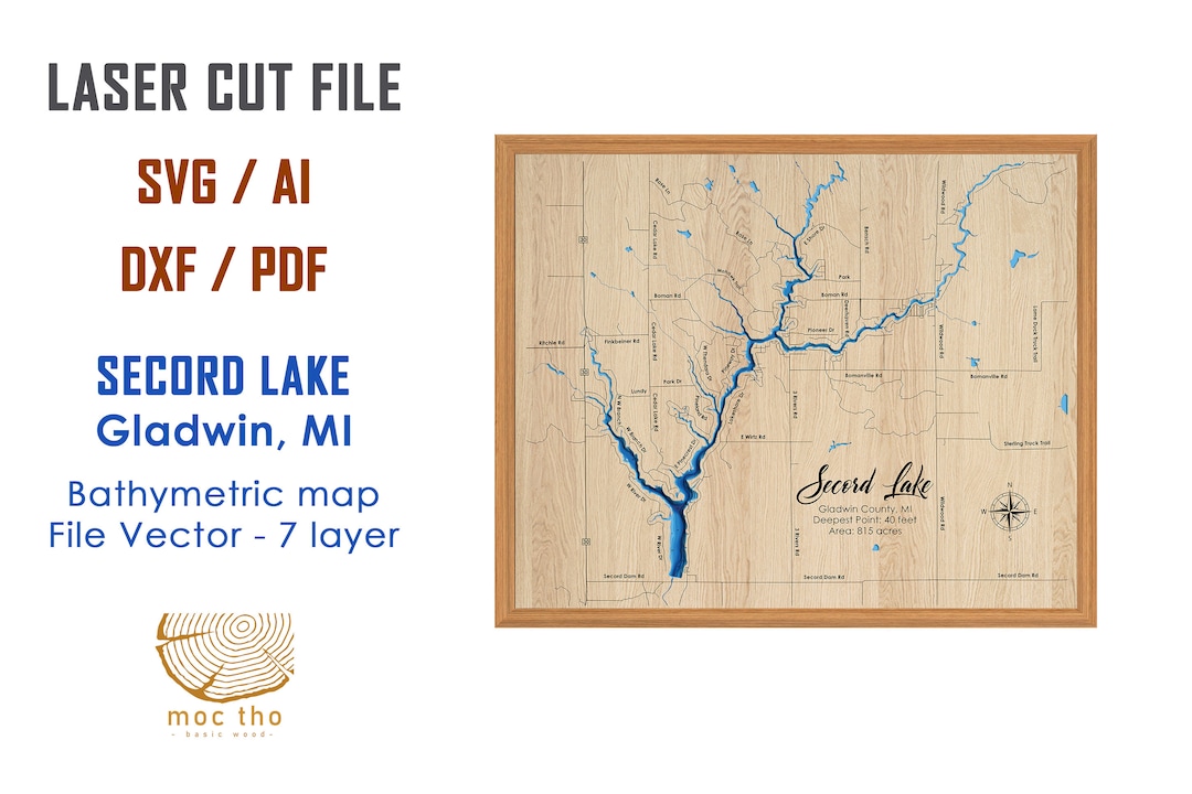 Digital File PDF SVG Secord Lake Gladwin Michigan Map Etsy
