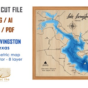 Digitaal bestand pdf, SVG - Lake Livingston, Texas kaart bathymetrische diepte lagen SVG-bestand, gelaagde vector, lasergesneden bestand, huwelijkscadeau