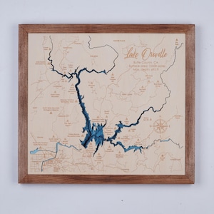 Carte en bois du lac d'Oroville en Californie, carte personnalisée 3D du lac, de l'île, de la côte, carte bathymétrique, art mural cabane, cadeaux de Noël