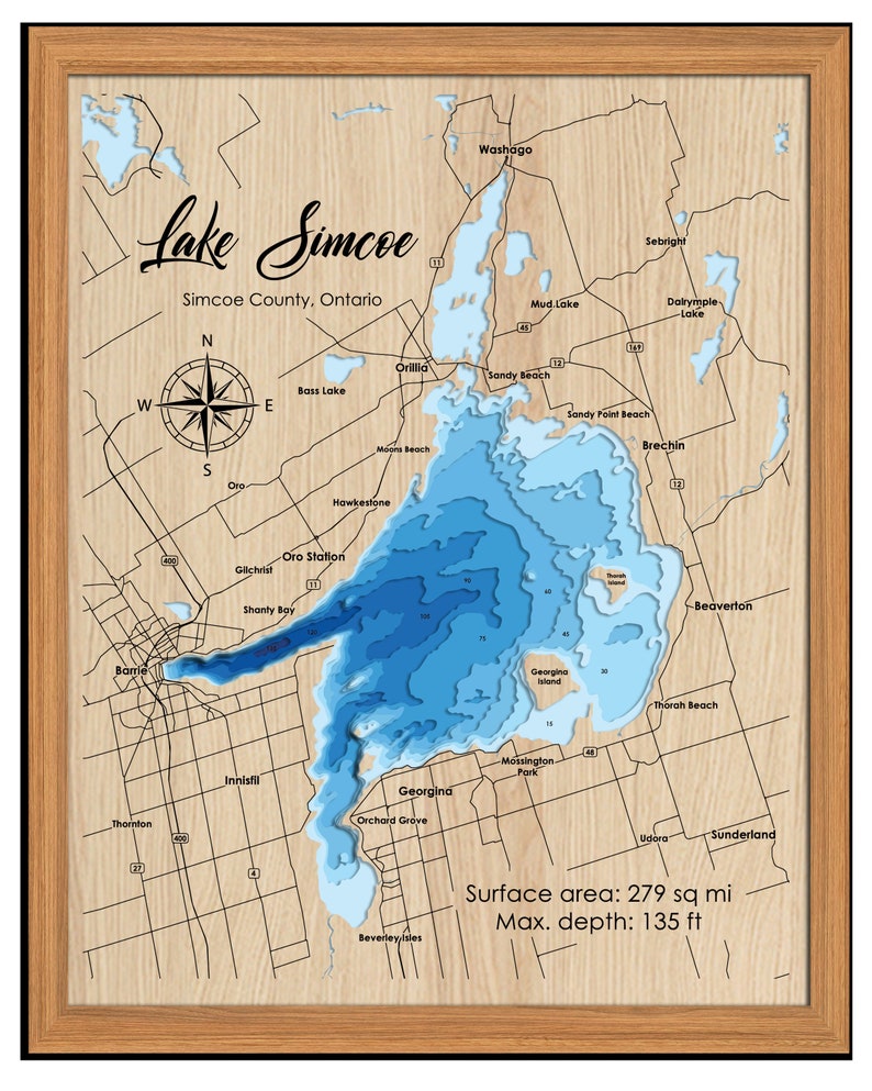 Digital File PDF, SVG Lake Simcoe Ontario, Bathymetric Depth Layers SVG File, Layered Vector, Laser Cut File, wedding gift, image 3