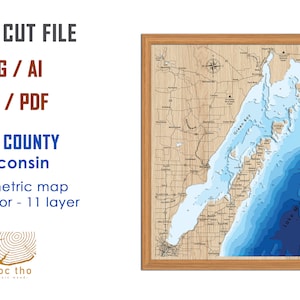 Archivo digital PDF, SVG: mapa del condado de Door, Green Bay, Wisconsin, archivo SVG de capas de profundidad batimétrica, vector en capas, archivo cortado con láser, regalo de bodas