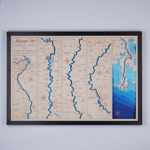 Houten kaart Mississippi River uit St. Louis 3D Custom Lake, Island, Coast kaart Bathymetrische kaart, Cabin House Wall Art, kerstcadeaus