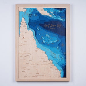 3D houten houten kaart van het Great Barrier Reef 3D custom kaart meer, eiland en kust Bathymetrische kaart, Cabin House Wall Art, kerstcadeaus