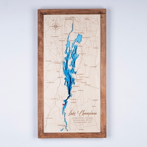 Lake Champlain Vermont houten kaart 3D Custom kaart meer, eiland en kust bathymetrische kaart, Cabin House Wall Art, kerstcadeaus