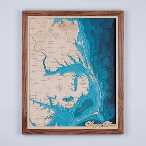 Outer Banks, North Carolina Coast, Holzkarte, 3D-Landkarte See, Insel, Küste, Bathymetrische Karte, Cabin House Wall Art, Weihnachtsgeschenke