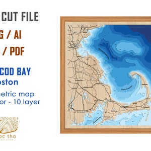 Digitale Datei PDF, SVG - Cape Cod Bay to Boston Massachusetts Bathymetrische Tiefe Schichten SVG Datei, geschichtete Vektor, Laser geschnittene Datei, Hochzeitsgeschenk