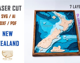 Digital File DXF, AI, SVG - New Zealand Map Wood Bathymatric Map