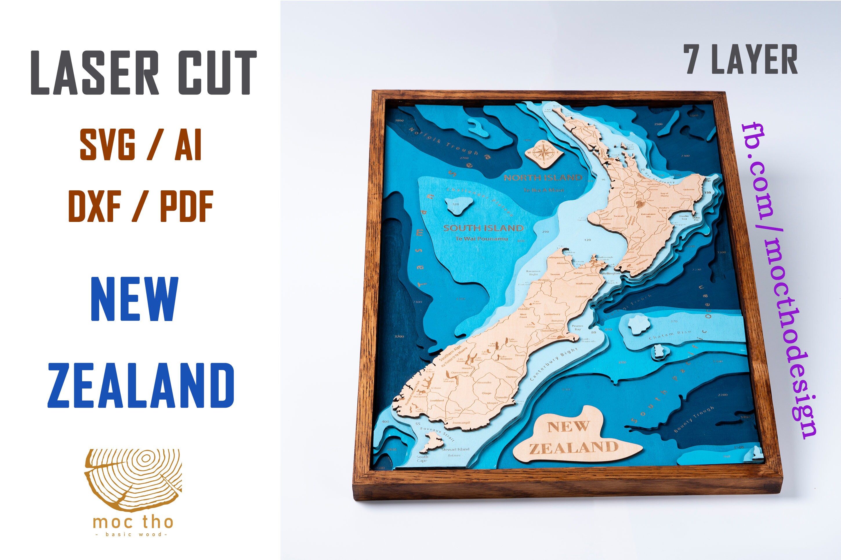Digital File DXF, AI, SVG - New Zealand Map Wood Bathymatric Map