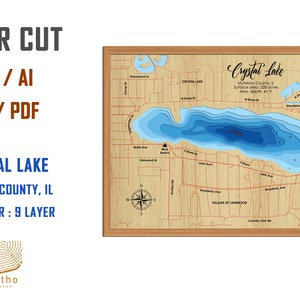 Fichier numérique PDF, SVG - carte de Crystal Lake Illinois couches de profondeur bathymétrique fichier SVG, vecteur de couches, fichier découpé au laser, cadeau de mariage,