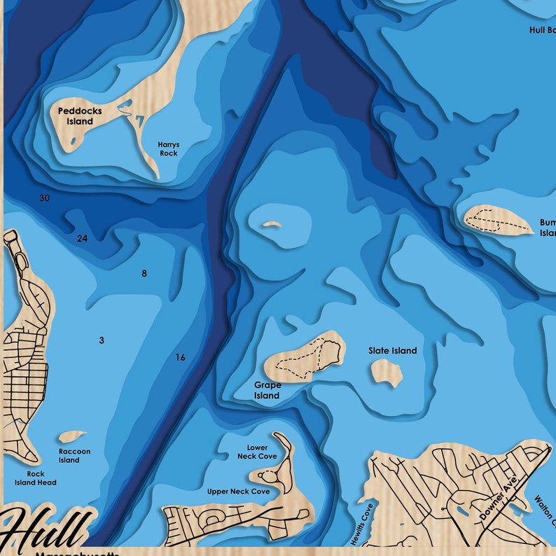 May include: A blue and brown wooden map of Hull, Massachusetts, with various islands and coves labeled. The map is a 3D relief map with a layered effect.