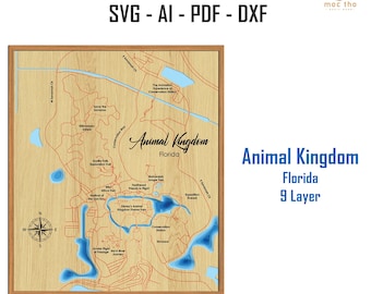 May include: A wooden map of Animal Kingdom in Florida, laser cut with a light wood grain background. The map features blue water features and red lines indicating paths and roads. Text includes "Animal Kingdom Florida" and "9 Layer".