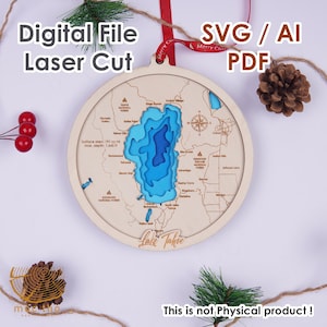 Archivo digital SVG - Adorno navideño con mapa del lago Tahoe de 6 pulgadas, regalo de inauguración de la casa personalizado, adorno para casa nueva, regalo de Navidad, cabaña