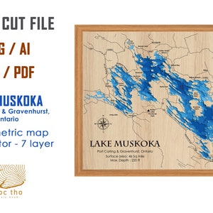 Digital File PDF, SVG - Lake Muskoka Ontario Map Bathymetric Depth Layers SVG File, Layered Vector, Laser Cut File, wedding gift