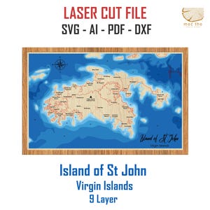 Arquivo digital PDF, SVG - Mapa da Ilha de São João, Ilhas Virgens, Camadas de Profundidade Batimétrica, Arquivo SVG, Vetor em Camadas, Arquivo Recortado a Laser, presente de casamento
