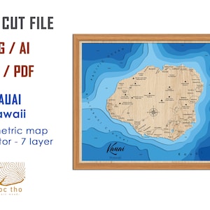 Digitale Datei PDF, SVG - Kauai Island Hawaii Karte Bathymetrische Tiefe Schichten SVG-Datei, Schicht Vektor, Laser geschnitten Datei, Hochzeitsgeschenk
