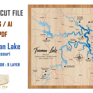 Digitaal bestand pdf, SVG - Truman Lake, Missouri bathymetrische dieptelagen SVG-bestand, gelaagde vector, lasergesneden bestand, huwelijkscadeau,