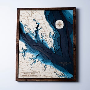 ChesaPeak Bucht, Potomac Fluss Holz Karte - Custom Karte Holz Bathymatric Karte, Custom See, Fluss Karte, lasergravierte Wandkunst, Einweihungsgeschenk