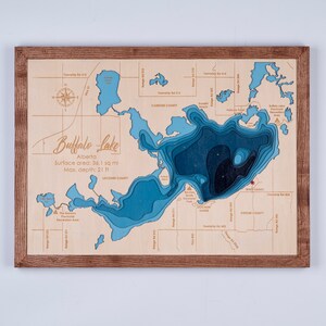 Houten kaart Buffalo Lake Alberta 3D Custom kaart meer, eiland, kust, bathymetrische kaart, Cabin House Wall Art, kerstcadeaus