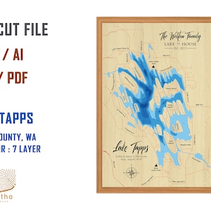 Digitaal bestand PDF, SVG - Lake Tapps Washington kaart bathymetrische diepte lagen SVG-bestand, gelaagde vector, laser gesneden bestand, huwelijkscadeau