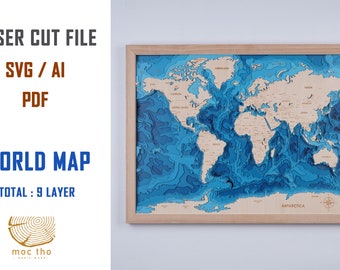 Digital File PDF, SVG - World map laser file Bathymetric Depth Layers File, Layered Vector, Laser Cut File, wedding gift,