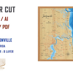 Digitaal bestand PDF, SVG - Jacksonville Florida kaart, Bathymetrische diepte lagen SVG-bestand, gelaagde vector, laser gesneden bestand, huwelijkscadeau