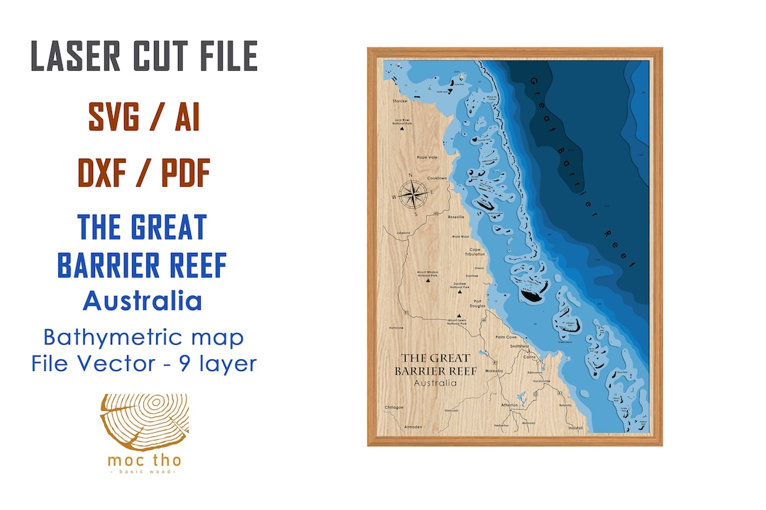 Digital File PDF, SVG the Great Barrier Reef Australia, Bathymetric