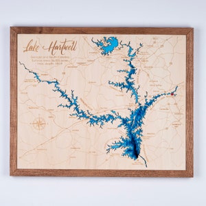 Houten kaart Lake Hartwell Georgia 3D aangepast kaart Lake, Island, Coast Bathymetrische kaart, Cabin House Wall Art, kerstcadeaus