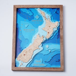 Nieuw-Zeeland 3D BLAUW - Aangepaste Lake 3D-kaart | Bathymetrische & Topografische kaart | Cabin House Wall Art, Housewarming, Vaderdagcadeaus