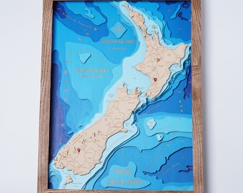 Nuova Zelanda 3D BLUE - Mappa 3D del lago personalizzata / Mappa batimetrica e topografica / Cabin House Wall Art, Housewarming, Regali per la festa del papà