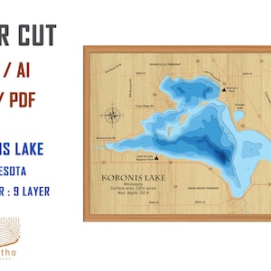 Digital File PDF, SVG - Lake Koronis Minnesota Bathymetric Depth Layers SVG File, Layered Vector, Laser Cut File, wedding gift,