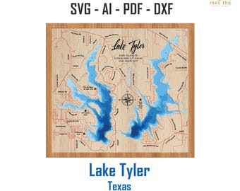 Digital File PDF, SVG -  Lake Tyler East and West Bathymetric Depth Layers SVG File, Layered Vector, Laser Cut File, wedding gift,