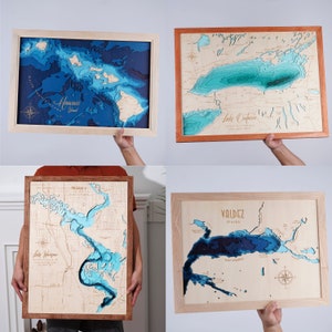 The Great Lakes Wood Map 3D Custom Lake, Island, Coast Map Bathymetric ...