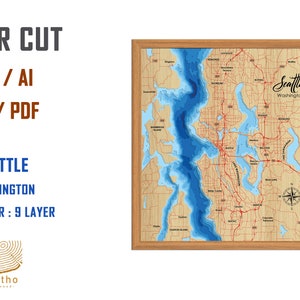 Digitaal bestand pdf, SVG - Seattle Washington bathymetrische dieptelagen SVG-bestand, gelaagde vector, lasergesneden bestand, huwelijkscadeau,
