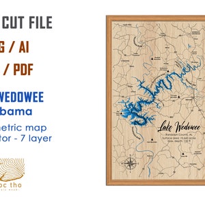 Digitale Datei - PDF, SVG - Lake Wedowee Alabama, Bathymetrische Tiefe, Schichten, SVG-Datei, Laser Cut File, Hochzeitsgeschenk