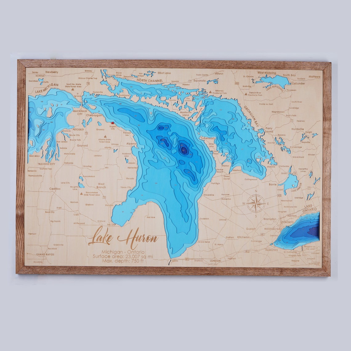Lake Huron Wood Map 3D Custom Lake, Island, Coast Map Bathymetric Map ...