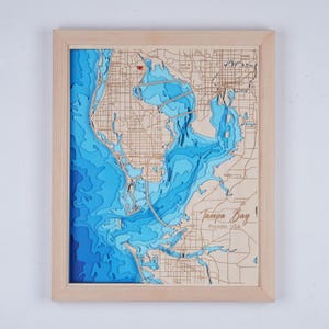 Houten kaart van Tamba Bay Florida 3D Custom Lake, Island, Coast kaart bathymetrische kaart, Cabin House Wall Art, kerstcadeaus