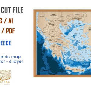Digitale Datei PDF, SVG - Griechenland Land Englisch ver, Bathymetrische Tiefe Ebenen SVG Datei, geschichtete Vektor, Laser geschnittene Datei, Hochzeitsgeschenk