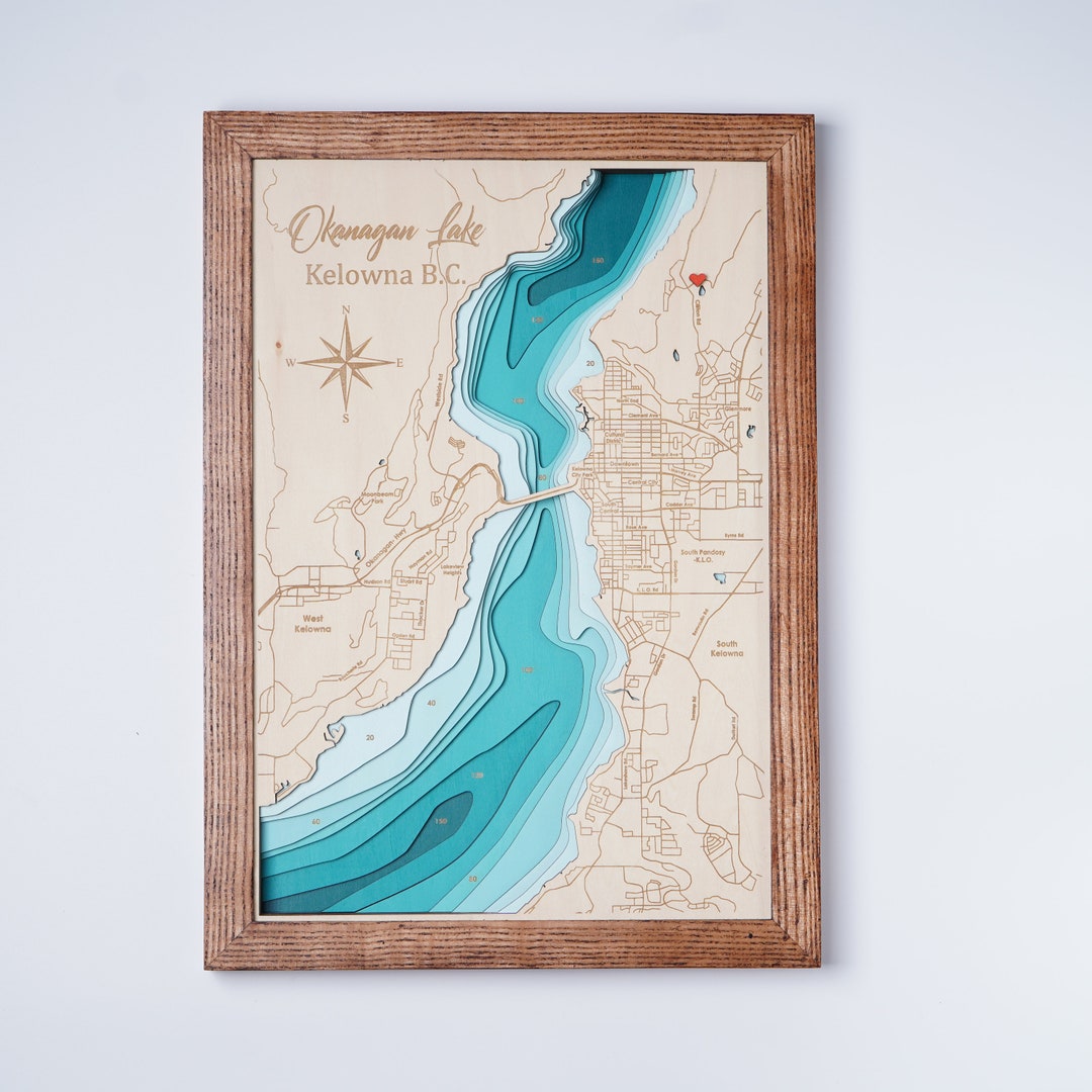 Kelowna BC, Okanagan Lake Wooden Map Custom Map Wood Bathymatric Map