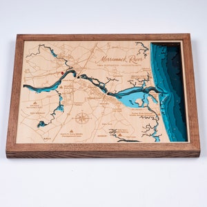 Houten kaart Merrimack River 3D Custom Lake, Island, Coast kaart bathymetrische kaart, Cabin House Wall Art, kerstcadeaus