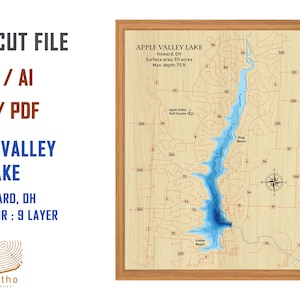 Digitaal bestand PDF, SVG - Apple Valley Lake Howard Ohio kaart Bathymetrische dieptelagen SVG-bestand, gelaagde vector, lasergesneden bestand, cadeau