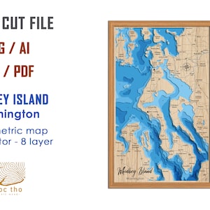 Digitale Datei - PDF, SVG - Whidbey Island Washington, Bathymetrische Tiefe, Schichten, SVG-Datei, Schichtvektor, Laserschnittdatei, Hochzeitsgeschenk