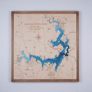 Lake Brownwood Texas houten kaart 3D aangepast kaart meer, eiland, kust bathymetrische kaart, Cabin House kunst aan de muur, kerstcadeaus