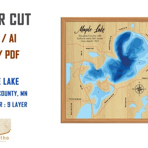 Digital File PDF, SVG - Maple Lake Minnesota Bathymetric Depth Layers SVG File, Layered Vector, Laser Cut File, wedding gift,