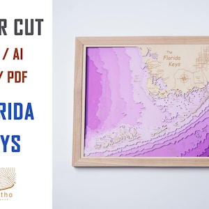 Digitaal bestand DXF, AI, SVG - de kaart Florida Key houten bathymatrische kaart, aangepaste meer, rivierkaart, laserkunst aan de muur, housewarmingcadeau