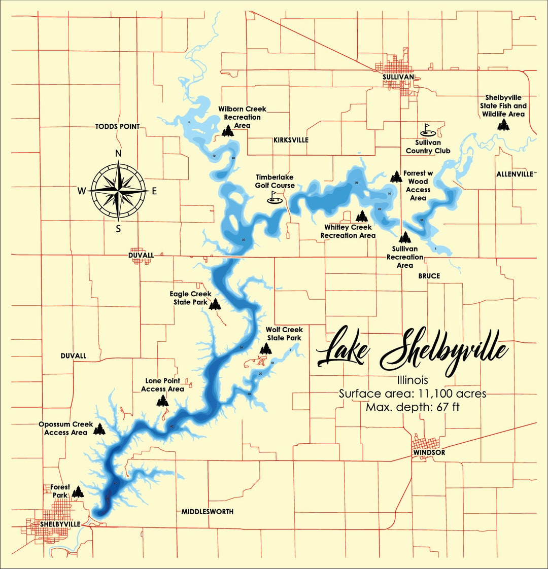 Digital File PDF SVG Lake Shelbyville Illinois Bathymetric Depth Il Fqfh 